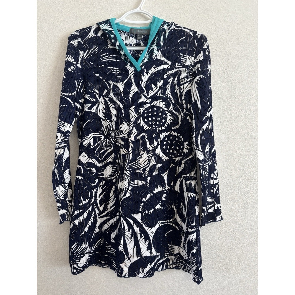 Title Nine Hooded Swim Cover Up Dress Navy White Floral Print Aqua Hood XS
